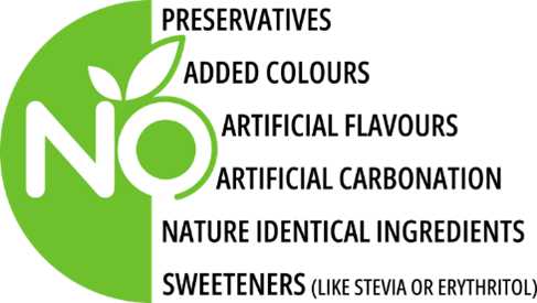 Pro Mojo's key differentiating factor: No Preservatives, No Added Colours, No Artificial Flavours, No Artificial Carbonation, No Nature Identical Ingredients, No Sweeteners (like Stevia or Erythritol)